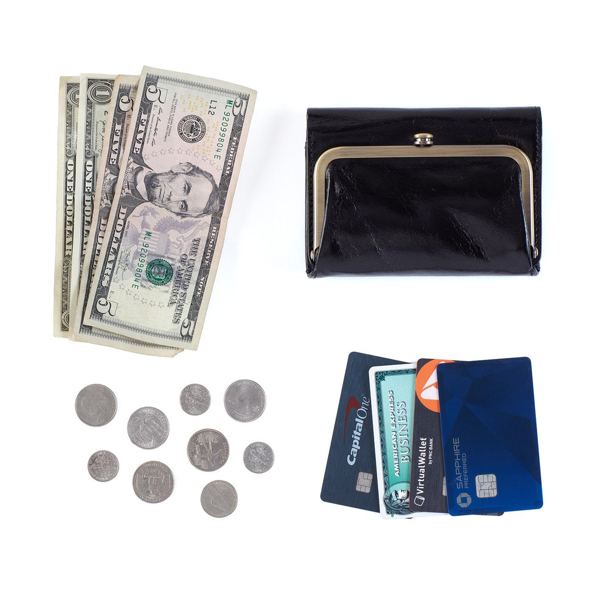 Robin Compact Wallet In Polished Leather - Black | HOBO