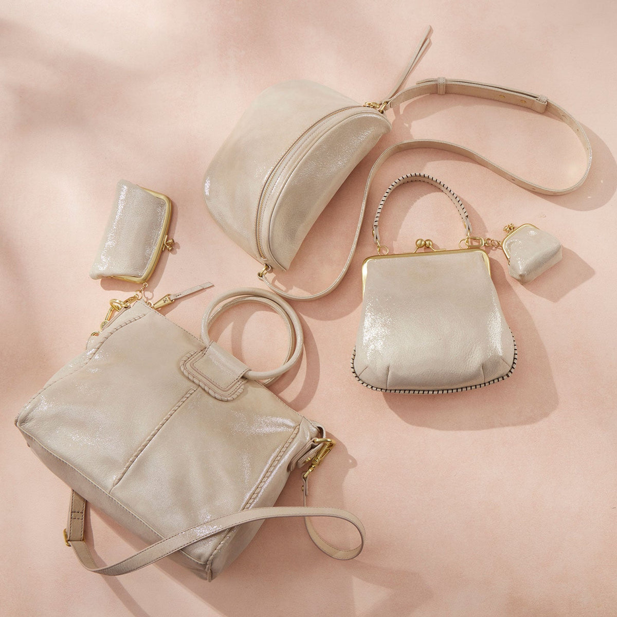 Sheila Medium Satchel In Metallic Leather - Sand Shimmer | HOBO